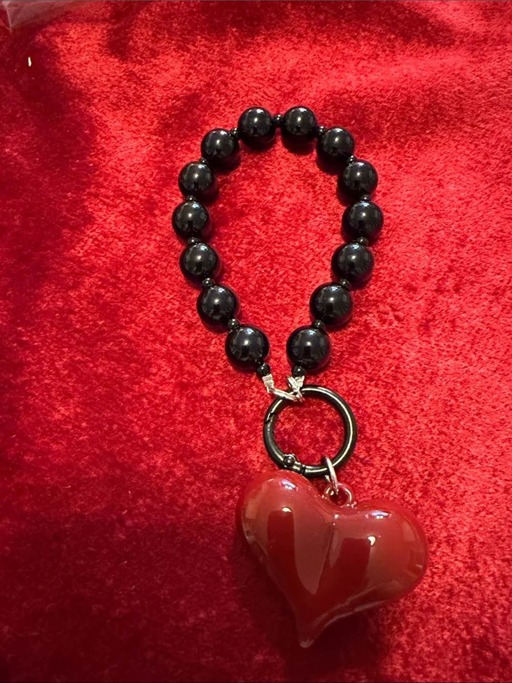 NEW Black Beaded Keychain Wristlet with Red Heart Charm plastic